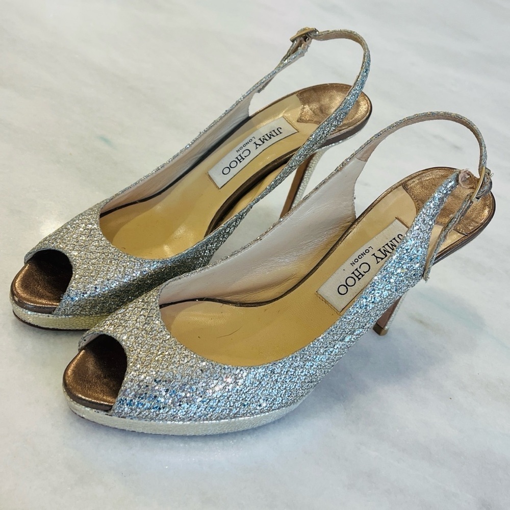 Jimmy Choo 38.5 8.5 Nova Champagne Glitter Gold Silver Peep Toe Sling Back Heels - Picture 4 of 12